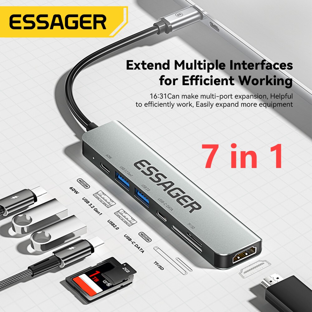 7-in-1 USB 허브 어댑터, USB C 타입 HDMI 호환 지지대, PD60W 전원 공급 장치, 노트북 독 스테이션, 플러그 앤 플레이